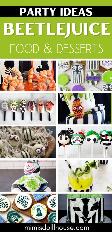 Beetlejuice Cookies, Cakes and Party Food Looking for some deliciously devious and down right disgusting Beetlejuice party treats and food ideas? From Beetlejuice Cakes to Beetlejuice Cocktails...we have all the most fabulous and grotesque ideas for a tricky undead fiend of a birthday party or Halloween party. #beetlejuice #beetleguise #beetlejuicecocktails #beetlejuiceparty #beetlejuicebirthday #beetlejuicehalloweenparty #sandworm #lydia Beetlejuice Food Recipes, Beatle Juice Movie Night, Beetlejuice Food Ideas Appetizers, Beetlejuice Treat Ideas, Bettle Juice Movie Night, Bettle Juice Party Food, Bettle Juice Food Ideas, Beetlejuice Inspired Food, Beetlejuice Drinks For Kids