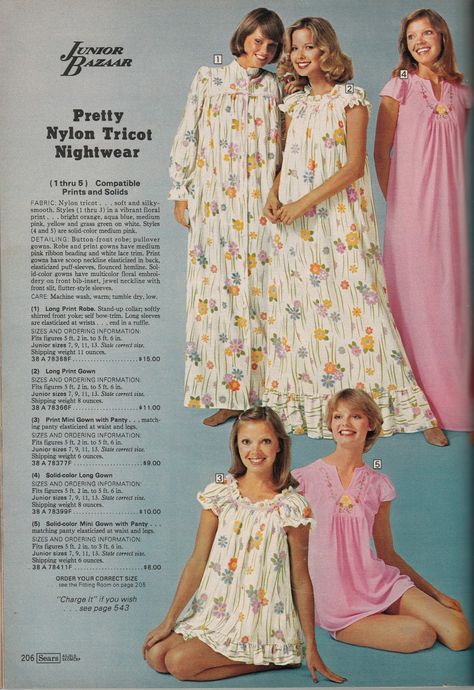 Catalog Fashion, Vintage Catalog, Pajama Style, Seventies Fashion, Vintage Nightgown, Printed Gowns, Christmas Catalogs, Vintage Inspired Dresses, Vintage Lingerie