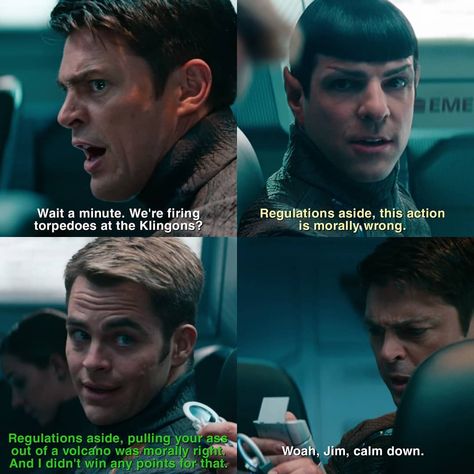 star trekking through the sky on Instagram: “I mean, Kirk has a point here. Spock is always 100% about regulations and all that jazz but he knows Jim did the right thing when he…” Jim Kirk X Spock, Spock And Uhura Kiss, Spock X Kirk Fanart, Kirk X Spock, Spock X Kirk, Kirk And Spock, Jim Kirk, Star Trek Reboot, Spock And Kirk