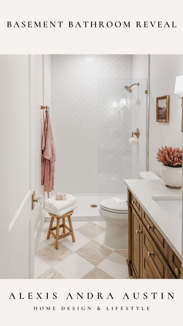 Alexis Austin - European Farmhouse Style on Instagram: "It’s been a long time coming, but here is the basement bathroom reveal. I went outside my comfort zone with a checker tile but while researching for our French trip and seeing it, I thought it would be a timeless way to add pattern into the space! What do you think of this flooring? Comment ‘“link” below to shop this space 🤍" Neutral Wood Tones, Neutral Bathrooms, Bathroom Floor Tile Ideas, Timeless Bathroom, Match Striker, Gold Bathroom, House Decorations, Wood Tones, Basement Bathroom