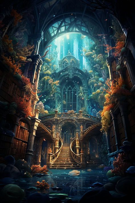 Underwater Library, Mystical Library, World Underwater, Fantasy Faction, Wallpaper Fantasy, Landscape Digital Art, Underwater Background, Art Niche, Water Temple