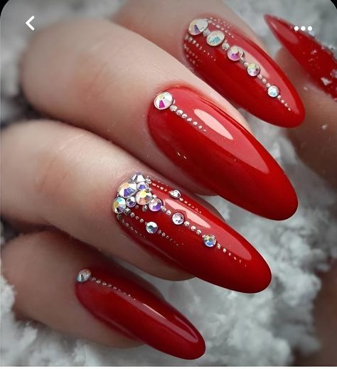 30 Unforgettable Red Manicure Ideas To Slay Your 2023 - 194 Red Nails With Stones, Red Nails With Rhinestones, Red Sparkle Nails, Red Sparkly Nails, Red And Silver Nails, Glitter Toe Nails, Brown Nails Design, Pretty Toe Nails, Red Manicure