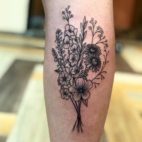 Bouquet Cover Up Tattoo, Black Wildflower Tattoo, Wildflower Bouquet Tattoo, Lifeline Tattoos, Delicate Flower Tattoo, Grabby Hands, Flower Bouquet Tattoo, Bouquet Tattoo, Wildflower Tattoo