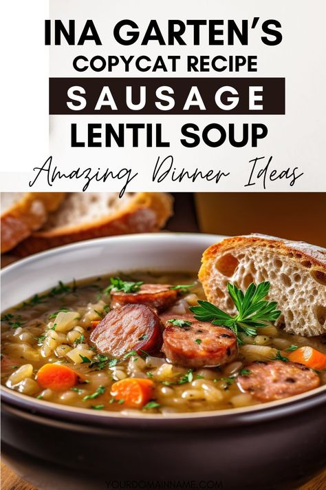 If you love Ina Garten's recipes, you will love this healthy copycat version of her Sausage and Lentil Soup. This is one recipe you will want to add to your weekly dinner ideas or even lunch ideas. This is an easy healthy dinner recipe the whole family will enjoy.  And it's a super easy soup to add to your easy dinner recipes for meal prep. Sausage Lentil Soup, Healthy Potato Soup, Sausage Lentil, Soup Recipes Healthy Vegetarian, Lentil Sausage Soup, Easy Healthy Soup, Easy Soup Recipes Healthy, Healthy Weekly Meal Plan, Lentil Soup Recipe