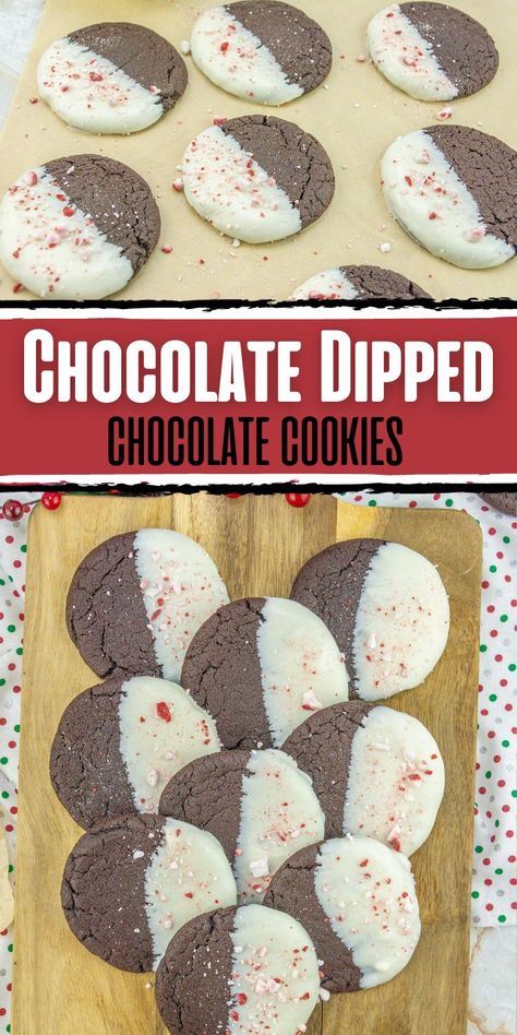 Give these chocolate dipped chocolate cookies a try.  Making cookies dipped in white chocolate is super easy to do and it makes for a fun and festive looking cookie.  These white chocolate dipped chocolate peppermint cookies are a perfect combination of flavors. Try these easy chocolate peppermint cookies that are ready in about 30 minutes at your next holiday party. Cookies Dipped In White Chocolate, Chocolate Dipped Cookies, Chocolate Peppermint Cookies, Easy Chocolate Desserts, Dark Chocolate Cookies, Making Cookies, Dipped Cookies, Peppermint Cookies, Birthday Desserts