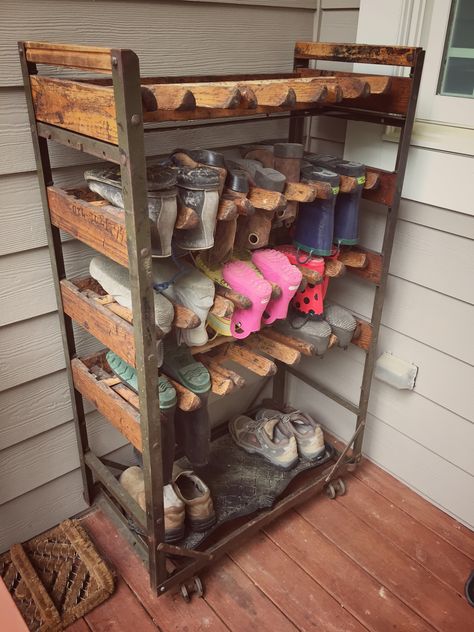 Put this old factory shoe rack back in business! Outdoor Shoe Rack, Outdoor Shoe Storage, Diy Shoe Rack Ideas, Shoe Storage Small, Shoe Storage Bins, Shoe Storage Small Space, Shoes Organizer, Diy Shoe Storage, Storage Garage