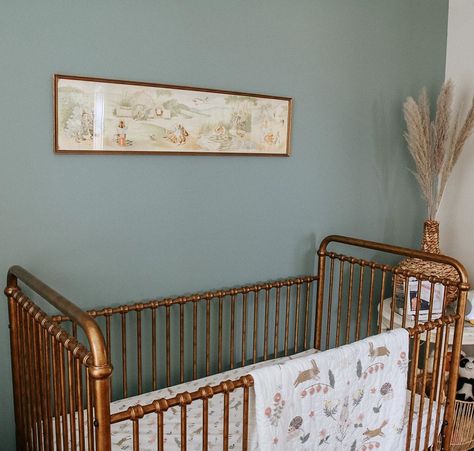 The way this muted sage color complements the gold detailing of our Abigail crib is divine. 📷: @kodyshae.interiors Dusty Green Nursery, Antique Gold Crib Nursery, Bronze Crib Nursery, Green Gold Nursery, Gold Crib Boy Nursery, Iron Crib Nursery, Gold Crib Nursery, Brass Crib, Boho Nursery Boy