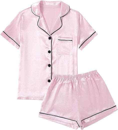 LYANER Women's Satin Pajamas Set Short Sleeve Button Shirt Silky Sleepwear with Shorts Set PJ Silky Sleepwear, Pink Silk Pajamas, Pijama Satin, Silk Pj Set, Pajamas Shirt, Schleich Horses, Satin Pajamas Set, Pijamas Women, Satin Pjs