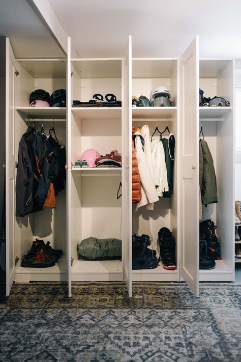 Inexpensive Mudroom Storage, Ikea Pax Bathroom Storage, Basement Coat Storage, Ikea Pax Mudroom Ideas, Backpack Storage Narrow Entryway, Ikea Garage Mudroom Hack, Garage Wardrobe Storage, Ikea Pax Garage Storage, Ikea Hack Mudroom Lockers