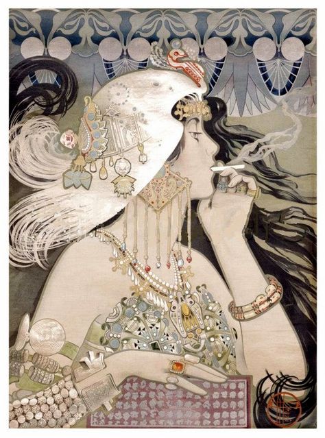 [Art] This painting shows the rapidly changing social status of American women. Not only is this woman showing her shoulders, she's smoking cigarettes! Her flashy jewelry, and wig, show more of a focus on personal appearance. This might have been a 1920's flapper. Arte Art Deco, Illustration Art Nouveau, Mucha Art, Art Nouveau Illustration, Art Nouveau Poster, Deco Poster, Poster Illustration, 1920s Art, Foto Vintage