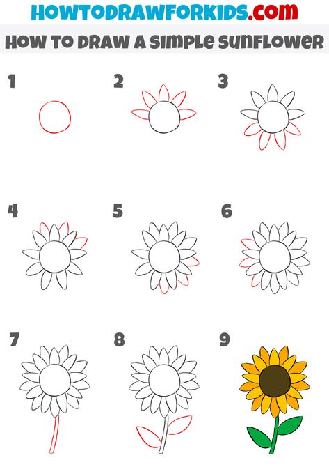 Easy Draw Sunflower, How To Draw A Step By Step Flower, Easy Drawings Sunflower, Easy Flower Drawings Simple Step By Step, Ideas To Draw Easy Step By Step, Drawing A Sunflower Step By Step, Easy Step By Step Flower Drawing, Easy Drawing Flowers Step By Step, Doodle Art Sunflowers