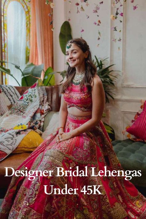 Indian designer bridal lehengas under 45k Mehendi Outfits For Bride, Haldi Outfit For Bride, Manish Malhotra Lehenga, Mehandi Outfits, Haldi Ceremony Outfit, Mehndi Outfit, Mehendi Outfit, Haldi Outfits, Sangeet Outfit