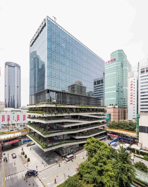 Shanghai’s T20 stacks office and community space atop a plant-filled parking garage | Building Design + Construction Parking Building, Office Building Architecture, Mix Use Building, Tall Buildings, Community Space, Green Architecture, High Rise Building, Architecture Office, City Architecture