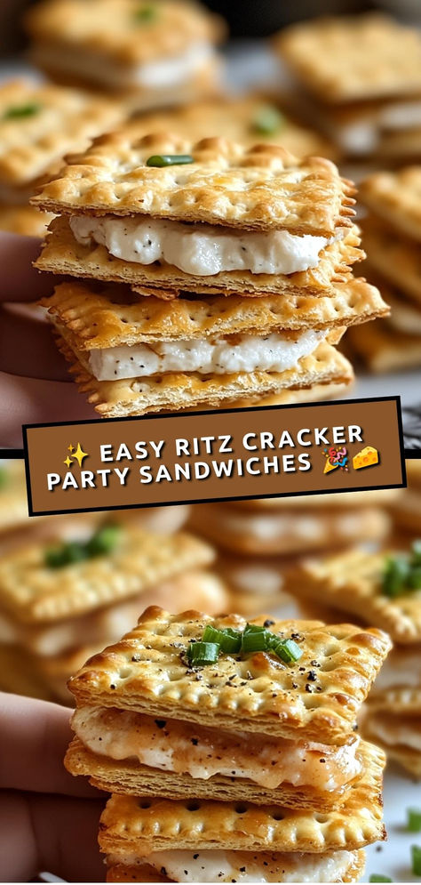 Make party time a breeze with these deliciously simple Ritz cracker sandwiches filled with a creamy ham and cheddar spread—perfect for any gathering!  Ingredients:  1 box Ritz crackers (about 100 crackers) 1 cup cream cheese, softened 1 cup finely chopped ham 1 cup shredded cheddar cheese These bite-sized sandwiches combine the savory goodness of ham, cheddar, and a creamy spread, making them an irresistible snack for any party! Tea Party Cheese And Crackers, Ritz Party Cracker Sandwiches, Ritz Cracker Party Sandwiches Recipes, Ritz Cracker Party Sandwiches, Ritz Cracker Sandwiches, Party Sandwiches Recipes, Ham Delights, Cracker Sandwiches, Party Crackers