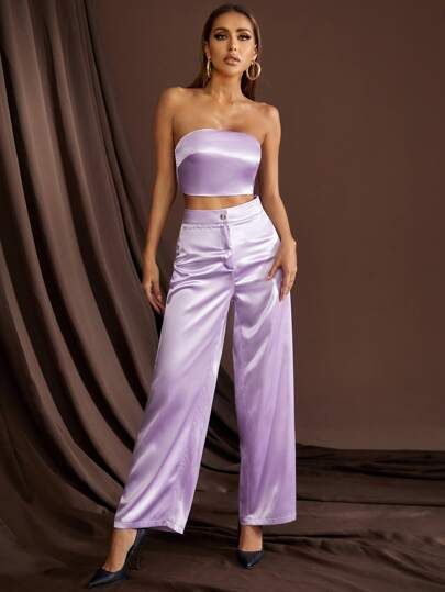 Satin Tube Top & Wide Leg Pants | SHEIN USA Satin 2 Piece Outfit, Silk Two Piece Outfit, Purple Top Outfit, Purple Pants Outfit, Satin Pants Outfit, Satin Tube Top, Satin Outfit, Purple Outfits, Satin Pants