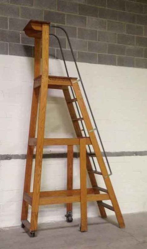 NEED ONE!  10' 7" Vintage #Putnam Rolling Ladder (c.1930-1950)  This vintage platform ladder originates from the Maryland State #Archives Building, which contains and protects paper materials, film based items, photographs, art work, maps, artifacts, and battle flags dating back to the Civil War. The Archives’ mission is to conserve these items for as long as possible for use and reference by future generations. We're happy to preserve and pass on their ladder, too! درج السلم, Platform Ladder, Rolling Ladder, Modern Entrance Door, Small Barndominium, Library Ladder, Loft Ladder, Home Theater Design, Wooden Ladder