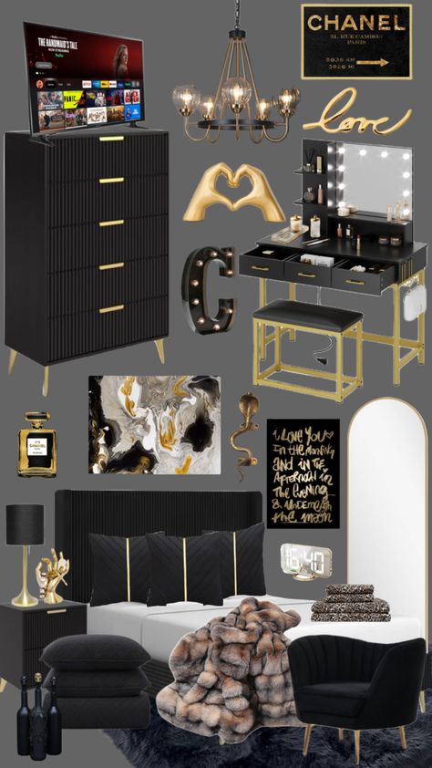 Claire’s Glam Room #glamorous #glamaesthetic #blackandgold #homedecor Black And Gold Apartment, Black And Gold Room Decor, Gold Theme Room, Gold And Black Bedroom, Black And Gold Room, Black And Gold Bedroom Ideas, Black And Gold Bedroom, Glam Room Decor, Apartment Bedrooms