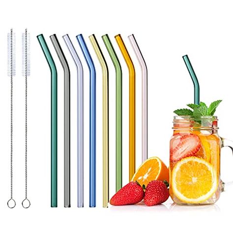 Glass Straws Reusable, 8 Pcs Multicolour Drinking Straw, Bent Glass Drinking Straws with 2 Cleaning Brushes, Eco Frie... Reusable Drinking Straw, Tea Milk, Drinking Straw, Cleaning Brushes, Milk Shake, Ice Tea, Glass Cups, Bar Glassware, Glass Straws