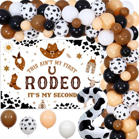 PRICES MAY VARY. My 2nd Rodeo Birthday Decorations: Package includes 50*12 inches latex balloons(13 retro beige, 12 retro coffee, 10 cow printed, 10 black and 5 white), 15*5 inches latex balloons(5 retro beige, 5 retro coffee and 5 black), 1 “THIS AIN'T MY FIRST RODEO ITS MY SECOND” backdrop 3.3*4.9ft, 1*32 inches number 2 foil balloon, 1 balloon tape strip, 1 adhesive dots and 2 white ribbons 33ft. “THIS AIN'T MY FIRST RODEO ITS MY SECOND” Birthday Backdrop: Our cowboy 2nd birthday backdrop is My Second Rodeo Birthday Boy, Cowboy Theme 2nd Birthday Party, 2nd Birthday Cowboy Theme, Not My First Rodeo 2nd Birthday Boy, Rodeo 2nd Birthday Party Boy, 2nd Rodeo Birthday Party Boy, This Ain't My First Rodeo It's My Second, 2nd Birthday Themes Boy, 2nd Bday Theme