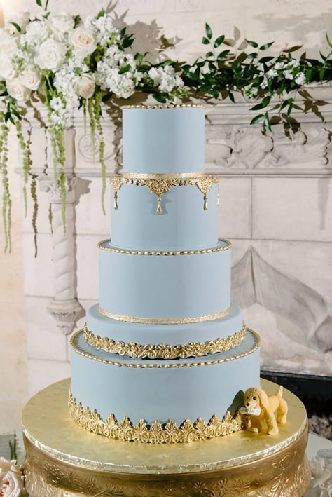 Light Blue And Gold Wedding Cake, Powder Blue Wedding Cake, Light Blue Sweet 16 Cakes, Light Blue And Gold Cake, Blue And Gold Wedding Cake, Debut Cake, Round Wedding Cake, Gold And White Cake, Wedding Cake With Gold