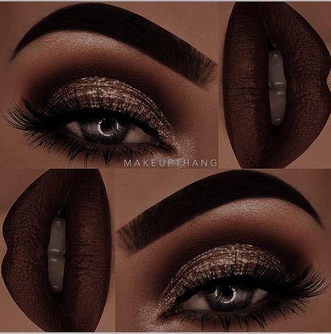 Chocolate Inspired Makeup, Purple Bronze Eye Makeup, Fall Eyeshadow Brown Eyes, Eyeshadow To Match Red Dress, Dark Brown Makeup Looks Eye Shadows, Eyeshadow Looks For Burgundy Dress, Bold Fall Makeup, Red And Brown Eye Makeup, Emerald Green And Gold Eyeshadow