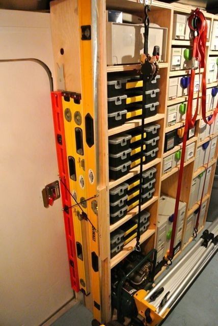 Work Van Organization Ideas, Van Organization Ideas, Work Van Organization, Van Racking Ideas, Trailer Shelving, Construction Trailer, Work Truck Storage, Tool Trailer, Van Organization