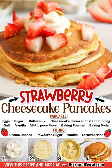 These tasty strawberry cheesecake pancakes are really going to hit the spot. They're indulgent, light, filling, and oh so perfect that you swear they're a dessert. Strawberry Cheesecake Pancakes, Pancake Fillings, Cracker Barrel Copycat Recipes, Cheesecake Pancakes, Easy Strawberry Cheesecake, Cream Cheese Pancakes, Homemade Pancake Recipe, Strawberry Pancakes, Crockpot Healthy