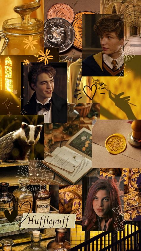 Slytherin And Hufflepuff Wallpaper, Huffle Puffle Aesthetic, Harry Potter Hufflepuff Wallpaper, Hufflepuff Notebook, Hufflepuff Background, Hufflepuff Moodboard, Hufflepuff Core, Hufflepuff Characters, Harry Potter Collage