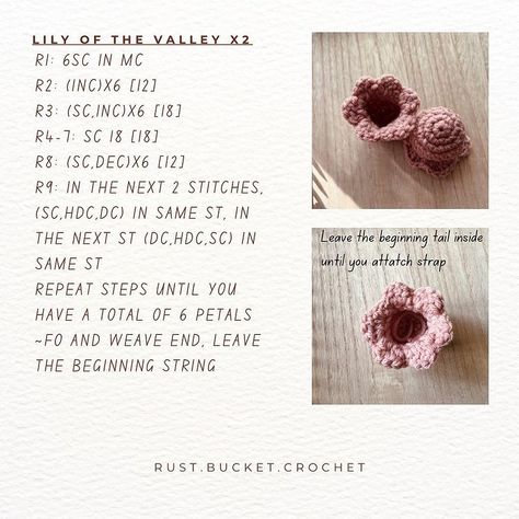 •lily of the valley free pattern• ~by @rust.bucket.crochet . . When publishing your work please give credit to me ☺️❤️ | Instagram Lily Of The Valley Knitting Pattern, How To Crochet A Lily Flower, Crochet Flowers Lily Of The Valley, Lily Flower Crochet Pattern, Lily Of The Valley Crochet Tutorial, How To Crochet Flowers Free Pattern, Crochet Lily Of The Valley Tutorial, How To Crochet Lily Of The Valley, Crochet Lily Of The Valley Pattern