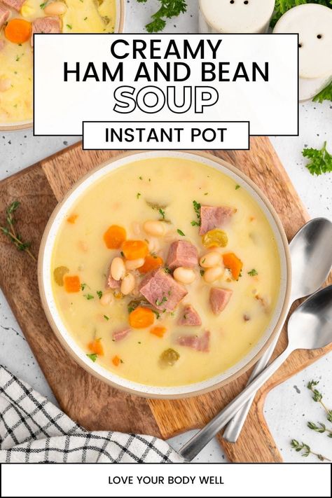 This Instant Pot Creamy Ham and Bean Soup is the perfect healthy and flavorful way to use leftover holiday ham. This heartwarming recipe is made with dried navy beans and delicious veggies. With just 15 minutes of active time, this soup is easy to make, inexpensive, and comforting. Creamy Ham And Bean Soup, Ham Bean Soup, Ham And Bean, Navy Bean Soup, Navy Beans, Delicious Veggies, Holiday Ham, Navy Bean, Ham And Beans