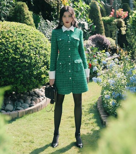 Spot Dress Outfit, Tweed Dress Outfit Classy, Girls Velvet Dress, Modesty Fashion, Royal Outfits, Fashion Attire, Stylish Clothes For Women, Tweed Dress, Stylish Dress Designs