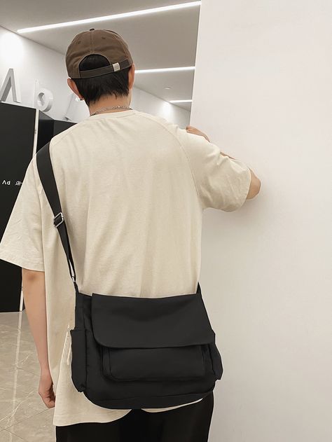 Black  Collar  Nylon Plain Messenger Bag Embellished   Men Bags Man Purse Aesthetic, Aesthetic Bag Men, Men’s Messenger Bag, Bag For Men Aesthetic, Messenger Bag Men Outfit, Men’s Crossbody Bag, Side Bag Outfit, Man Bags Fashion For Men, Side Bag For Man