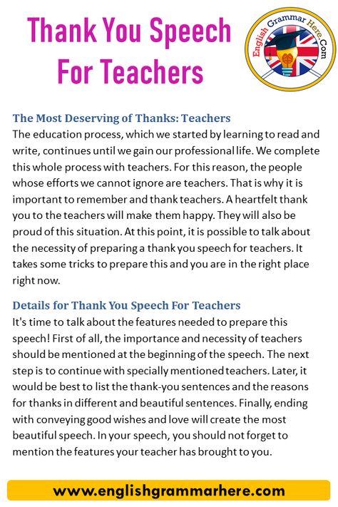 Thank You Speech For Teachers, Samples and Examples The Most Deserving of Thanks: Teachers The education process, which we started by learning to read and write, continues until we gain our professional life. We complete this whole process with teachers. For this reason, the people whose efforts we cannot ignore are teachers. That is why it is important to remember and thank teachers. A heartfelt thank you to the teachers will make them happy. They will also be proud of this situation. At this Thank You Speech For Teachers, Closing Remarks Speech Sample, Thank You Speech, Speech For Teachers, Thanks Speech, Teachers Day Speech, Inspirational Paragraphs, Words For Teacher, Free Reading Comprehension Worksheets