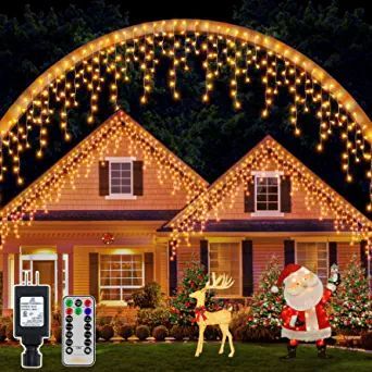 t this item 🎄【Super Bright Christmas Icicle Lights】OLLNY outdoor Christmas lights include 49ft/15m length+9.8ft/3m extension cord with a total of 99 drops, each group of 3 (4/6/8LED). These warm white icicle lights, keep these up all year, adding beautiful and interesting ice and snow atmosphere to hanging on your eaves, roof, curtain, home, patio, balcony, or yard. Christmas Solar Lights, Icicle Lights Outdoor, Led Icicle Lights, Waterfall Lights, Icicle Christmas Lights, White Christmas Lights, Led Curtain Lights, Solar Fairy Lights, Panel Solar