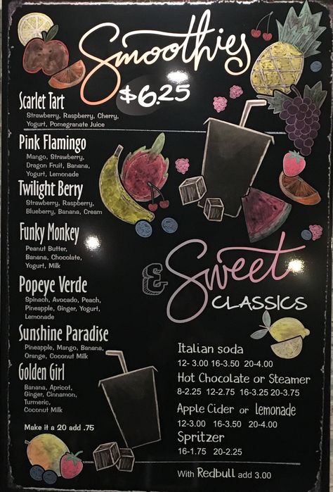 Smoothie Chalkboard Art, Smoothie Bar Menu Design, Smoothie Bar Ideas Design, Smoothie Stand Ideas, Smoothie Menu Ideas, Smoothie Shop Bloxburg, Smoothie Shop Design Ideas, Smoothie Names Creative, Smoothie Store Design