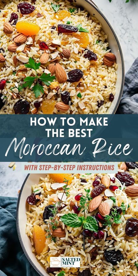 Bring the essence of Moroccan cuisine to your kitchen with our simple and delicious rice pilaf. Infused with authentic Moroccan spices, dried fruits, and nuts, this basmati rice dish is a fantastic vegetarian side that complements tagines and Moroccan chicken perfectly. Try this Mediterranean rice recipe for a taste of tradition in every bite. Iran Rice Recipes, Moroccan Rice Pilaf, Rice With Nuts Recipes, Wild Rice Mix Recipes, Medditeranean Rice, Mixed Rice Recipes, Morrocan Recipe, Arabic Rice Recipes, Almond Rice Recipe