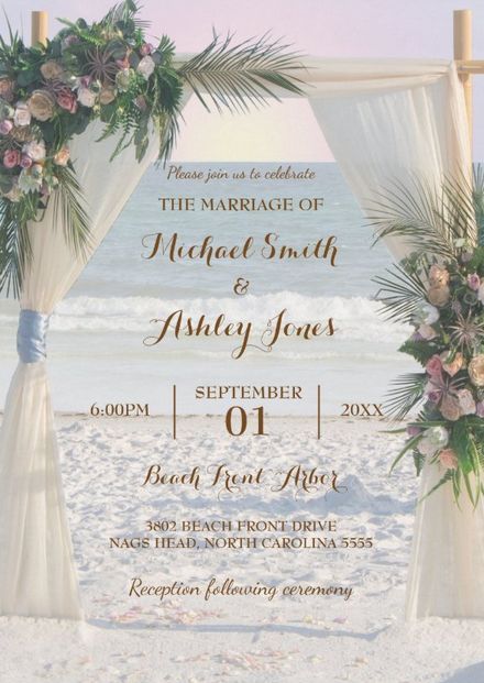 Beach arbor tropical sunset wedding invitations. Beach wedding invites. Modern wedding invitations. afflink Beach Wedding Invites, Sunset Wedding Invitations, Wedding Invitations Beach, Tropical Sunset, Seaside Wedding, Tropical Destinations, Sunset Wedding, Beach Wedding Invitations, Bridal Brunch