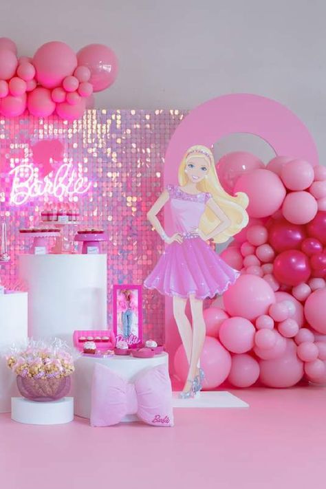 Check out this fun Barbie birthday party! The dessert table is so glamorous!! See more party ideas and share yours at CatchMyParty.com Barbie Birthday Party Table Decorations, Barbie Candy Table, Barbie Decorations Birthday, Barbie Table Decorations, Barbie Birthday Party Ideas Decoration, Barbie Dessert Table, Barbie Birthday Party Ideas, Barbie Decorations, Barbie Party Decorations