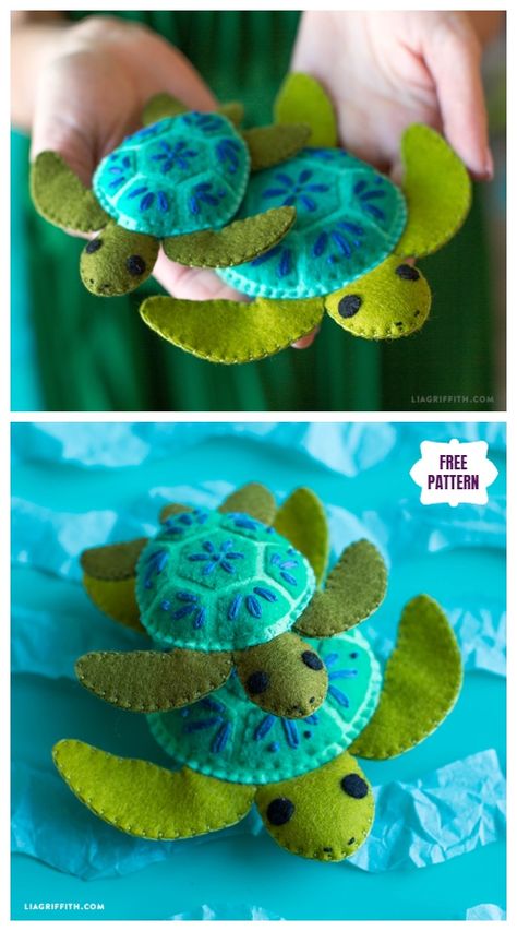 Felt Patterns Free, Felt Turtle, Fabric Art Diy, Sea Inspiration, Felt Toys Diy, Turtle Crafts, Felt Ornaments Patterns, Baby Mobil, Felt Toys Patterns