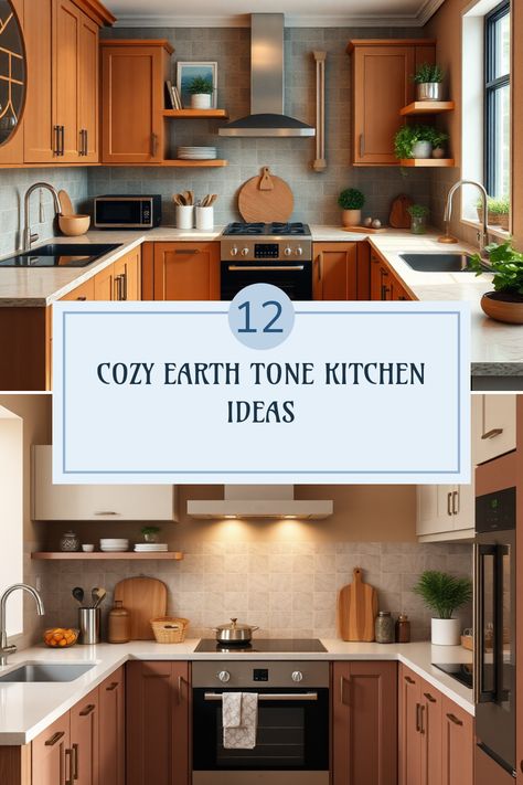 Looking to refresh your kitchen? Discover 12 cozy and inviting earth tone kitchen ideas! From live green decor to stunning sandy beige cabinets, these insights will make your kitchen feel warm and welcoming. Boost your design with nature-inspired palettes that bring serenity and relaxation to your space. Perfect for creating a chic yet comfortable culinary environment. Dive into styles that highlight organic materials and earthy hues that transform any kitchen into your personal retreat! Earth Tone Color Palette Kitchens, Modern Brown Cabinets Kitchen, Terra Cotta Cabinets, Kitchen Countertops With Wood Cabinets, Earth Tone Kitchen Cabinets, Kitchen Wall Colors With Brown Cabinets, Warm Kitchen Aesthetic, Earth Tone Kitchen Ideas, Earth Tone Kitchen