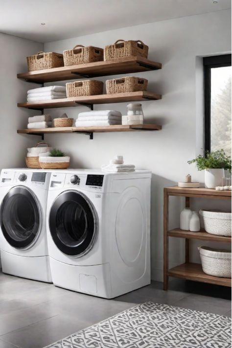 Organized small laundry room with shelves and baskets Laundry Room Shelves With Baskets, Wall Shelves Laundry Room, Small Laundry Rooms Shelves, Laundry Room Ideas With Shelves, Utilize Small Space, Utility Organization Ideas, Modern Farmhouse Laundry Room Small, Laundry Small Space Ideas, Laundry Room Open Shelving Ideas