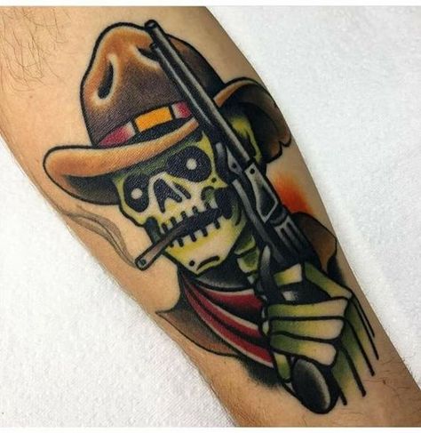 American Traditional Cowboy Tattoo, American Traditional Cowboy, Traditional Cowboy Tattoo, Rockabilly Tattoo Designs, Western American Traditional Tattoo, Rockabilly Tattoos, Traditional Tattoo Man, Western Tattoo, Scandinavian Tattoo