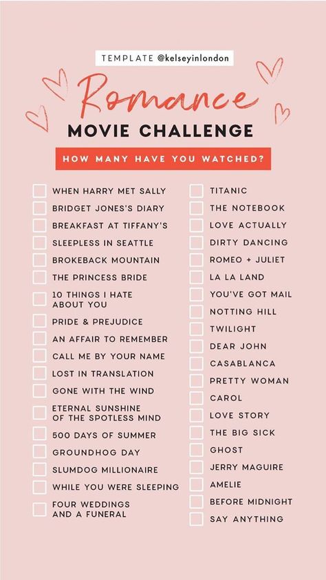 Romance Movie Challenge checklist by @kelseyinlondon How many have you watched? Margaritas, Tequila, Movie Challenge, Romance Movie, Good Movies To Watch, Romance Movies, Movies Showing, Movies To Watch, Good Movies