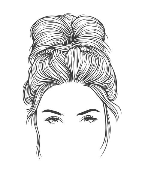 Bun Hairstyle Sketch, Pretty Woman Drawing Art, Hairstyles Illustration Fashion, Women Hair Sketch, Drawing Hair Bun, How To Draw A Messy Bun, Sketches Of Hair, Messy Bun Drawing Reference, Messy Bun Sketch