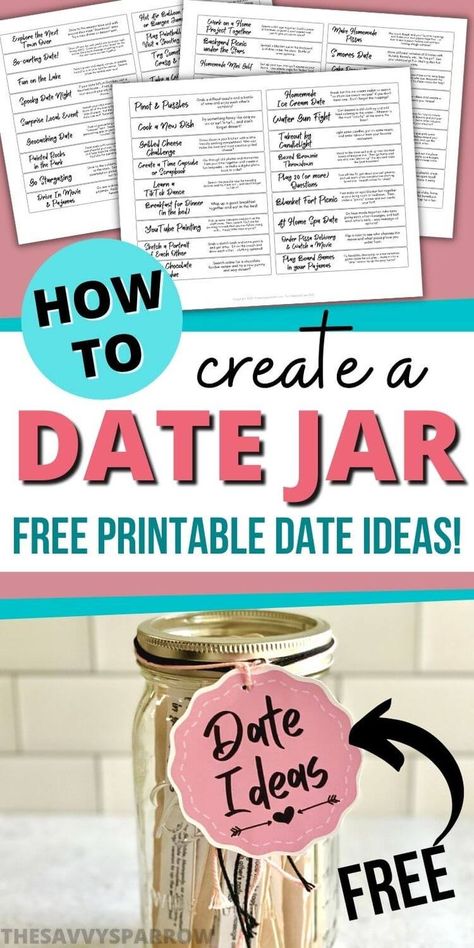 Want to make your own date jar with fun date night ideas? If you're tired of boring dates and going to the same old dinner and a movie, then a date idea jar is for you! Just print the free printable date jar ideas list and glue the date ideas to large popsicle sticks. Then add them to a mason jar and you've got an easy DIY date jar! You can make this date night jar for a creative anniversary gift for your husband, or even give it to your friend as a fun DIY wedding gift! Date Idea Jar, Date Jars, Date Jar Ideas, Dates In A Jar, Activity Jar, Fun Date Night Ideas, Date Jar, Night Jar, Creative Date Night Ideas