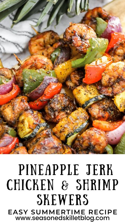 Pineapple Jerk Chicken & Shrimp Skewers, this Caribbean inspired, easy and dang delicious summertime or anytime recipe is made in the air-fryer and full of bold delicious flavour! It's comprised of marinated jerk chicken and shrimp on skewers, with your favourite seasonal veggies and pineapple stacked in-between! Jerk Chicken And Shrimp, Pineapple Jerk Chicken, Shrimp On Skewers, Jerk Recipe, Seasonal Veggies, Jerk Chicken Recipe, Chicken Skewer Recipe, Steak Kabobs, Grilling Kabobs