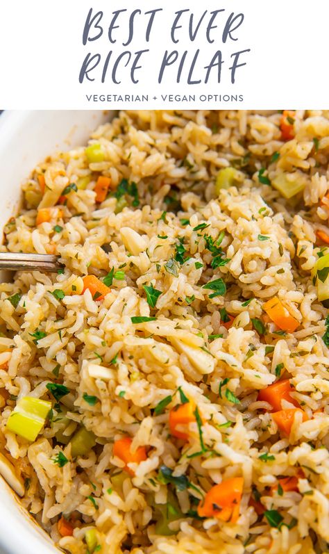 This is the BEST ever rice pilaf, if you ask me! Rice is sautéed in butter then baked with stock and aromatics for the perfect, super flavorful side dish. I got this recipe from my mother, who's been making it for decades. The aromatics make it different and better from most rice pilafs, and that's why it's a family favorite! #ricepilaf #vegetables #healthyside #pantrystaple Jazmin Rice Recipe, Rice Pilaf Recipe Easy, Flavored Rice Recipes, Vegetable Rice Pilaf, Rice Recipes Side, Rice Sides, Brown Rice Pilaf, Buttery Rice, Rice Dishes Recipes