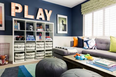 Colorful Playroom/Family Room - gorgeous with amazing organization! Diy Playroom, Colorful Playroom, Basement Playroom, Boys Playroom, Toddler Playroom, Playroom Storage, Playroom Design, Playroom Organization, Playroom Ideas