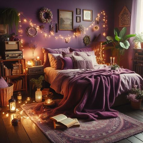 Dark Purple Aesthetic Bedroom, Purple Witchy Room, Dark Purple Room Decor, Purple Celestial Bedroom, Cozy Bedroom Purple, Purple Moroccan Bedroom, Small Bedroom Ideas Purple, Purple And Orange Room Aesthetic, Muted Purple Bedroom