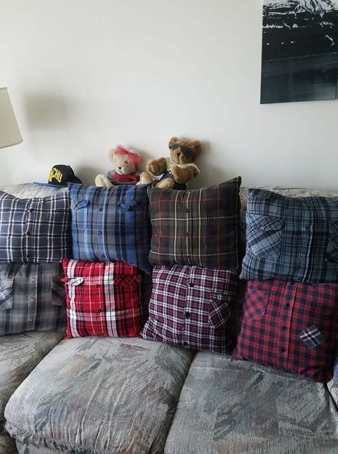 Old Flannel Shirt Crafts, Memory Cushions From Shirts, Flannel Shirt Memory Pillow, Blanket Made From Old Shirts, Memorial Pillows From Shirts Dads, Pillows From Loved Ones Shirts, Pillows Made From Shirts Memories, Memory Pillows Made From Shirts My Dad, Memorial Pillows From Shirts